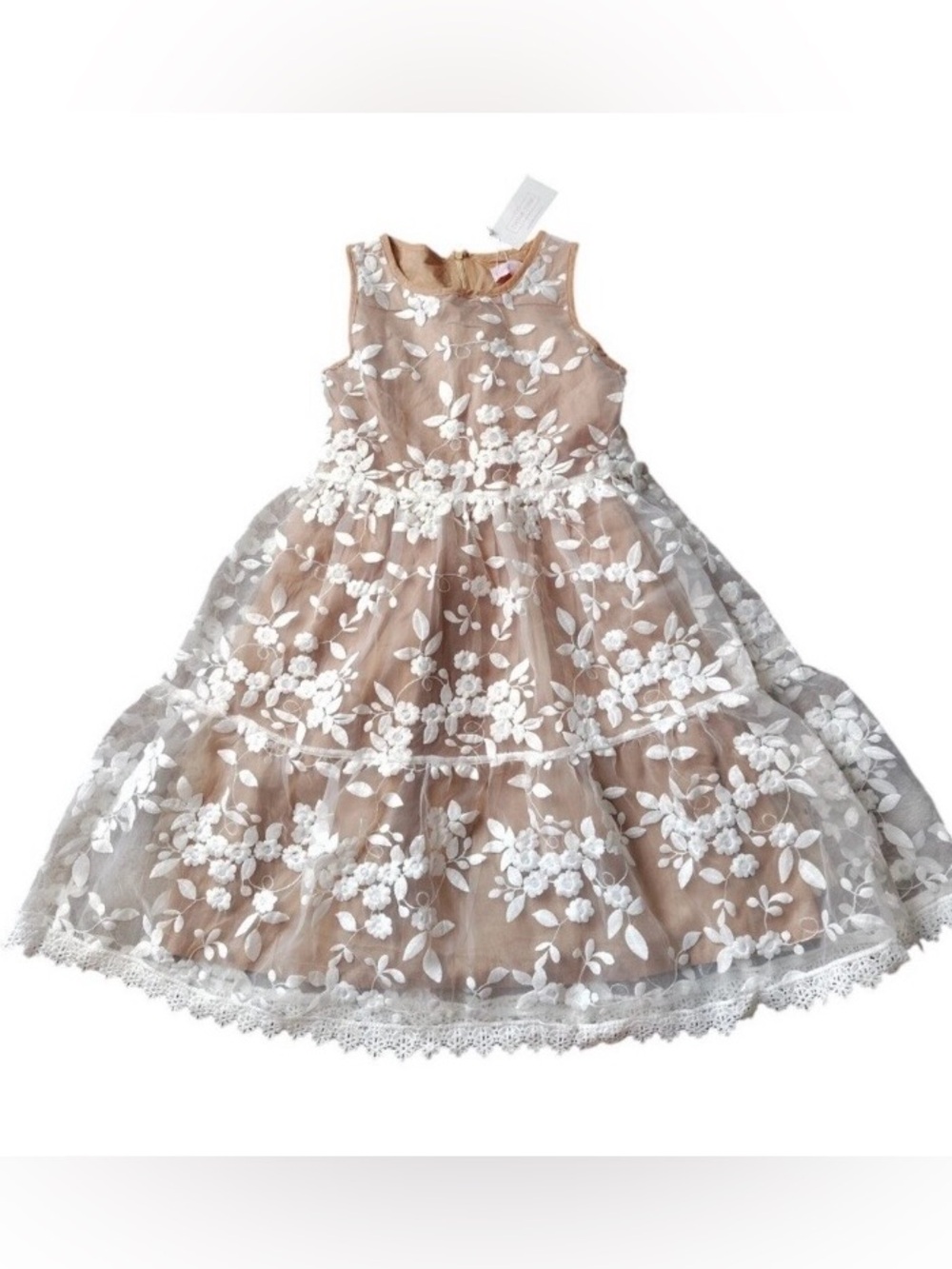 Embroidered Floral Tulle Midi Dress Nude with White Appliqué Lace Overlay NWT